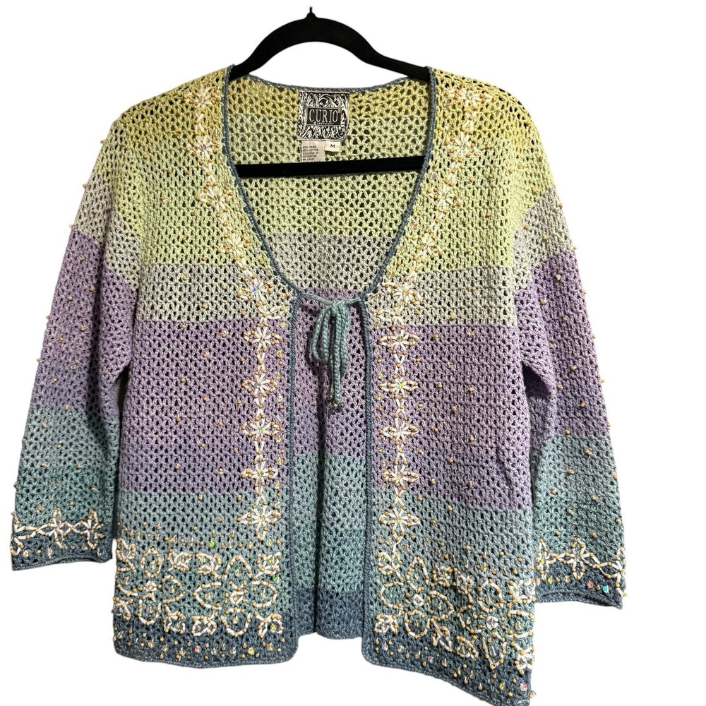 Curio Artsy Embellished Knit Open Front Cardigan Sweater M Boho Patchwork